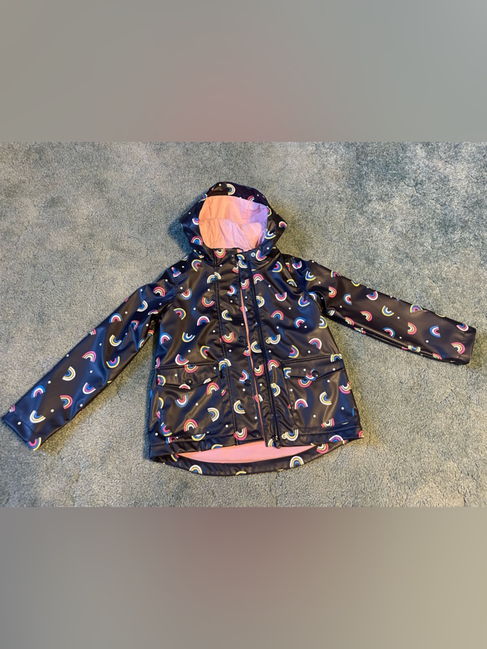 NWOT Girls Navy Rainbow Hooded Rain Jacket with Pink Lining